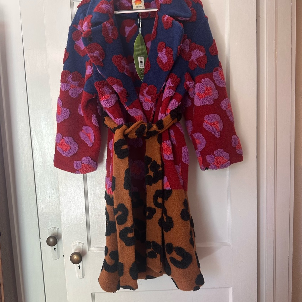 FARM Rio Multi-Color Floral & Leopard Fleece Coat with Belt